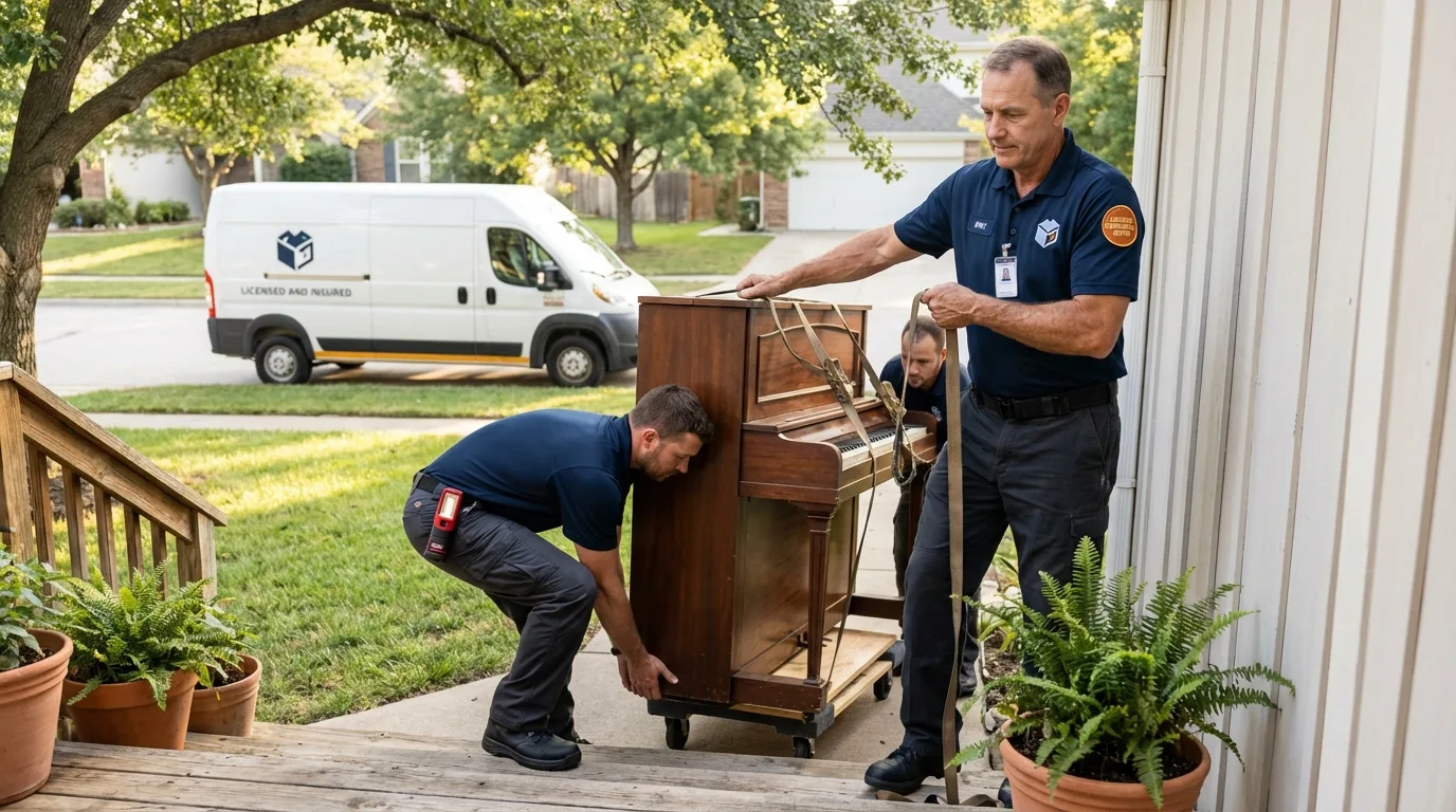 Licensed piano movers securing grand piano in Port Ewen, NY