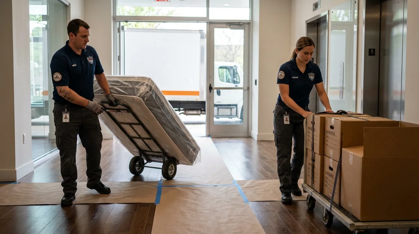 Professional apartment movers loading elevator in Port Ewen, NY